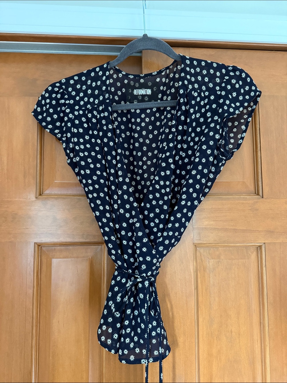 Reformation Navy Daisy Wrap Blouse